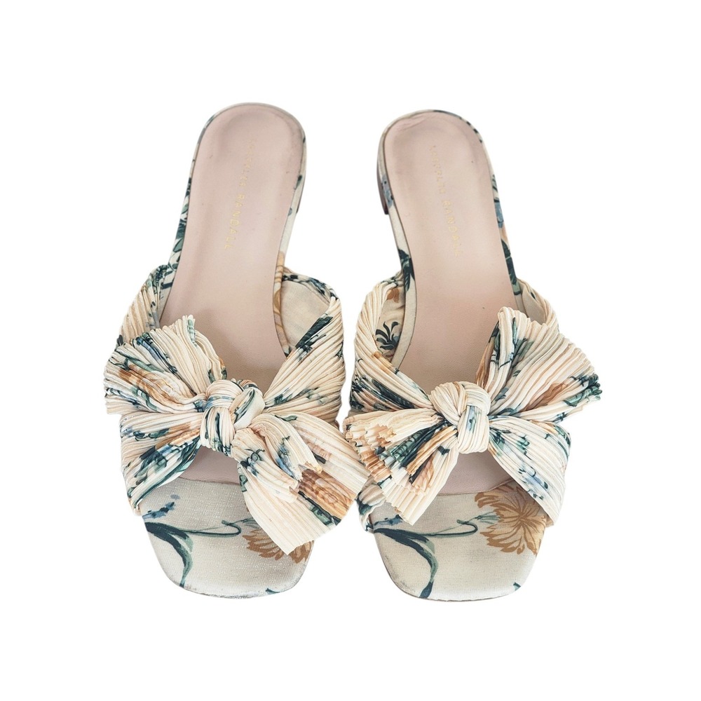 Loeffler Randall Daphne Floral Pleated Bow Flat Sandals Cream Multi Size 9